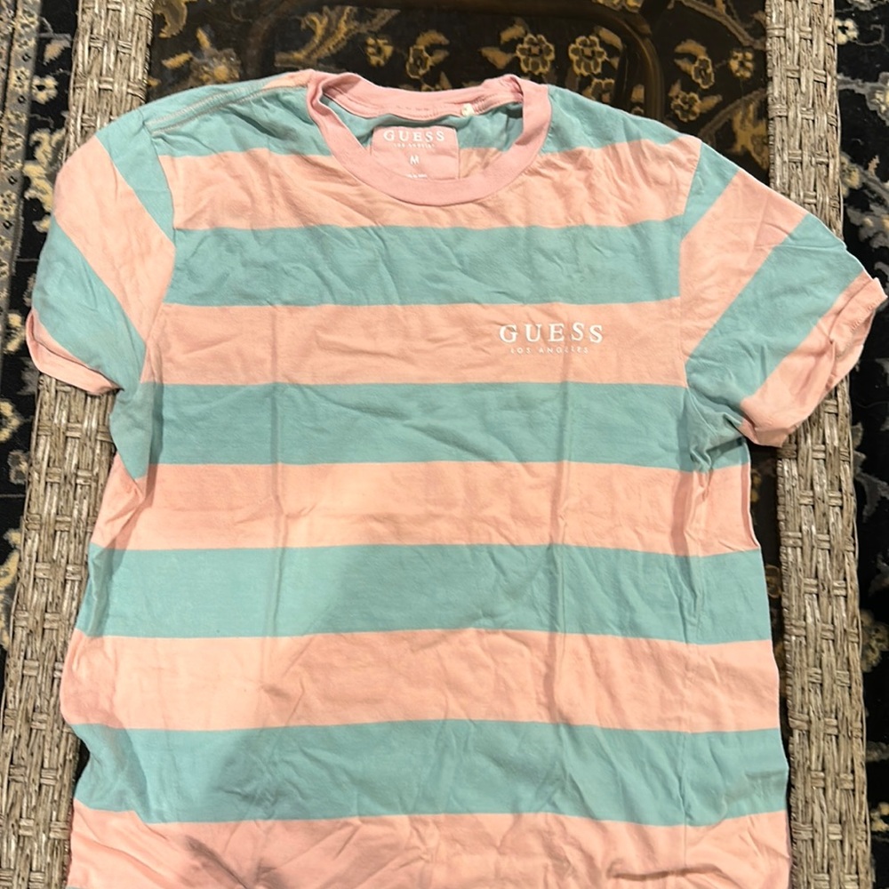 Guess Los Angeles Medium Pink And Light Blue Striped Short Sleeve T-Shirt